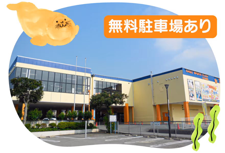 無料駐車場ありと表示された大型スポーツ施設の外観。晴れた日の青空の下、駐車場と建物が見える。