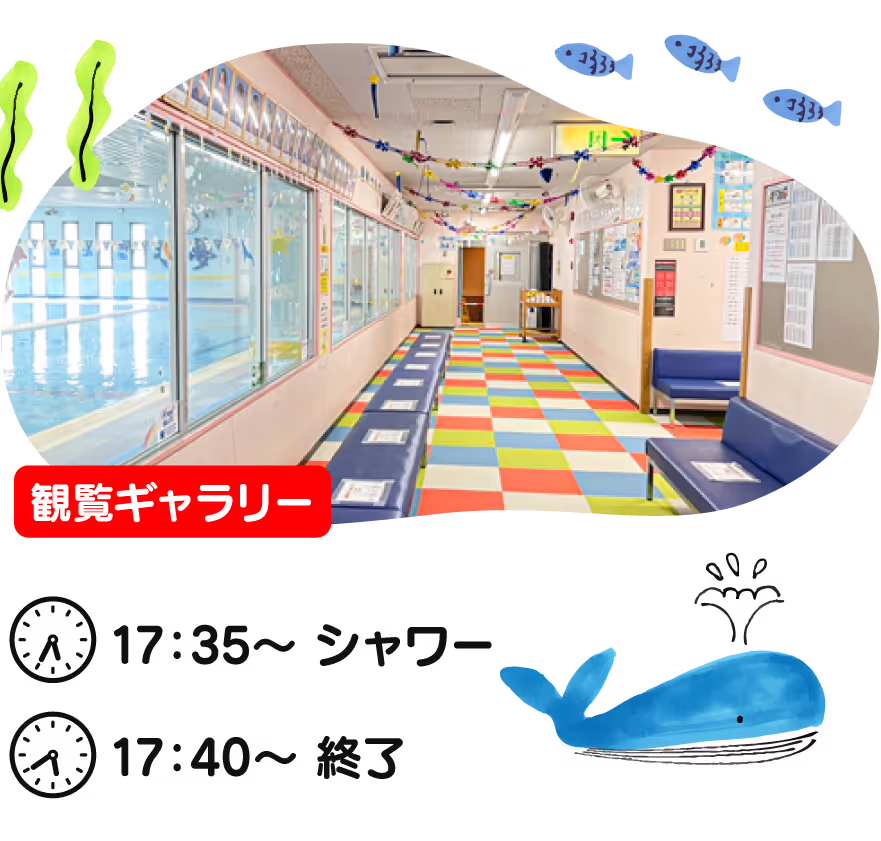 カラフルなタイルの床と窓越しに見えるプールの観覧ギャラリー。壁には子供向けの装飾が吊るされている。