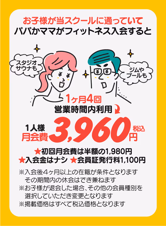 お子様がスクールに通う家族向けのフィットネス入会案内、月4回利用で月会費3,960円、初回半額1,980円、入会金なし、会員証発行料1,100円。