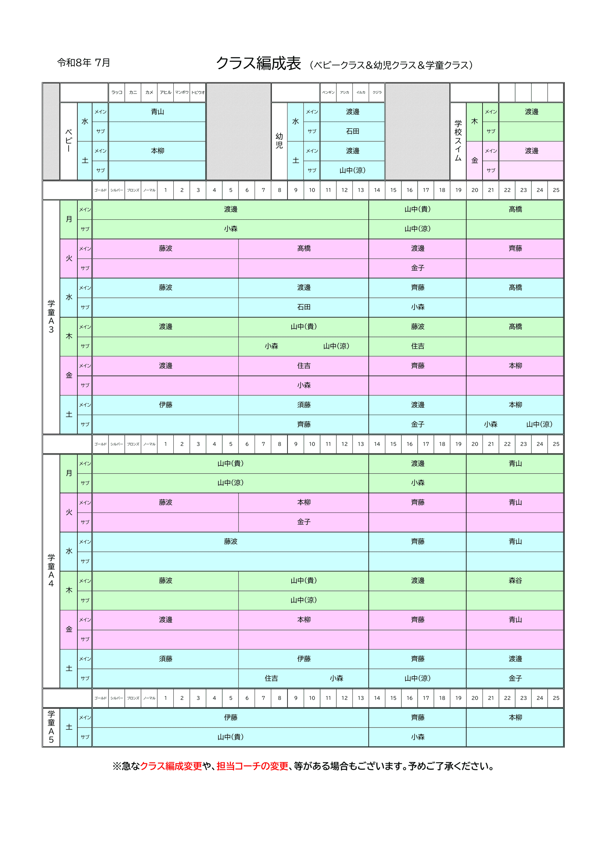 担当コーチ表/ベビー・幼児・学童クラス