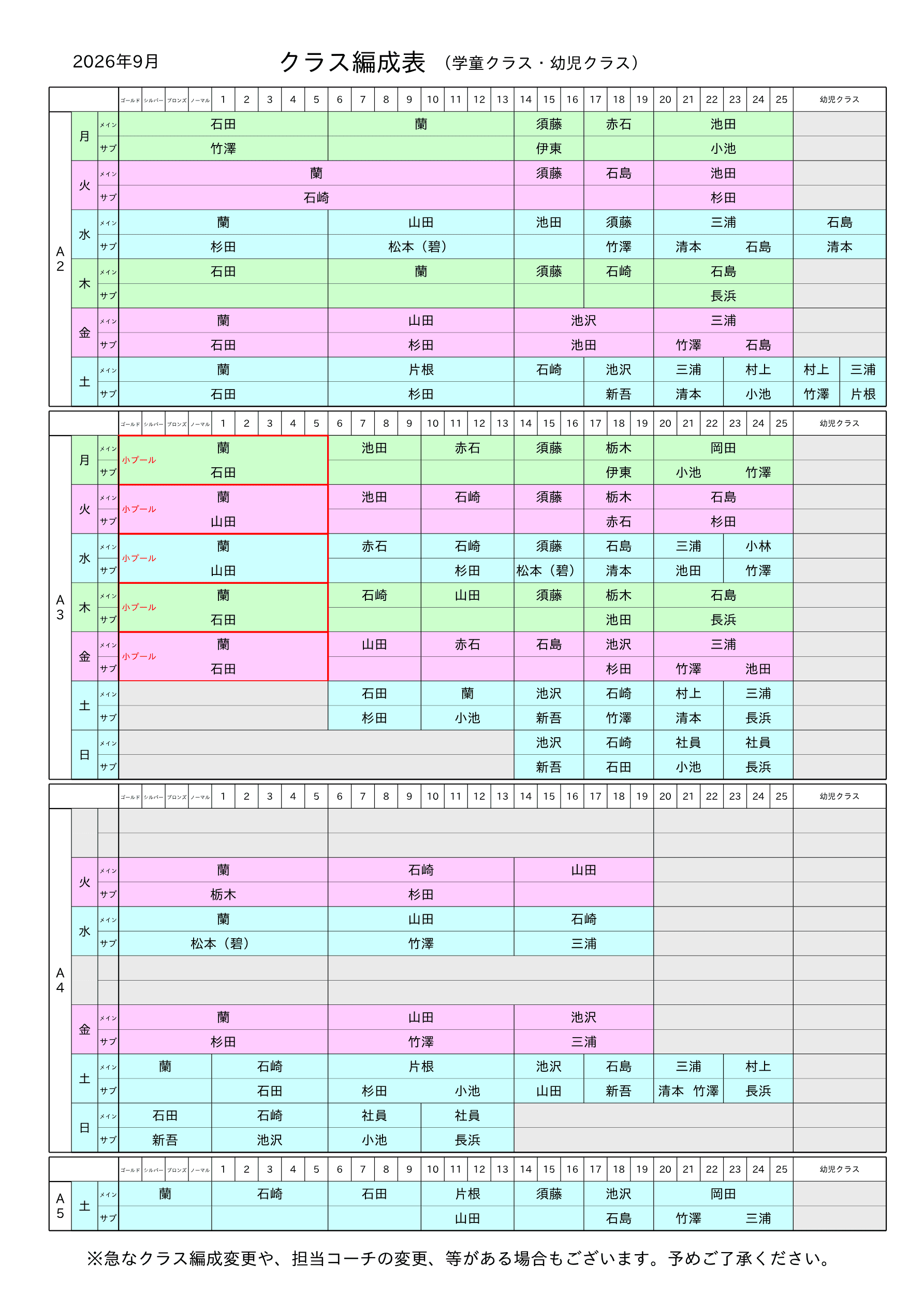 2026年9月のクラス編成表(曜日・級ごとのメイン / サブ担当コーチ)