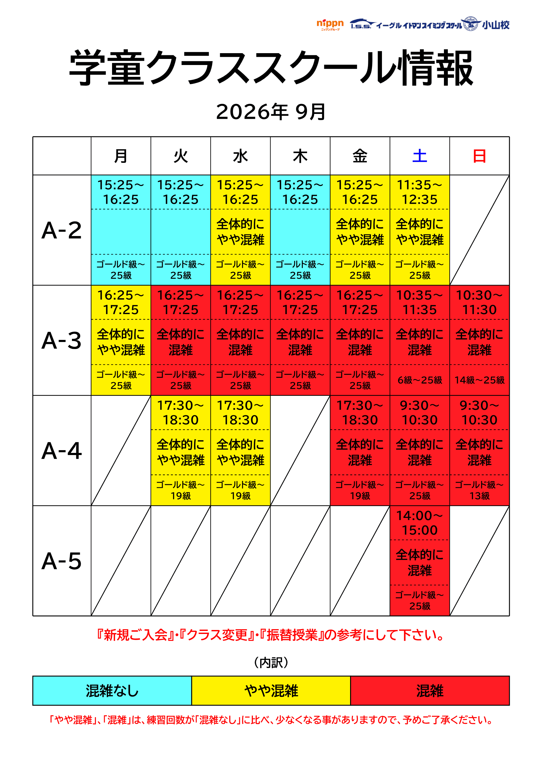 2026年9月の学童クラス混雑表(曜日・クラス別の時間/混雑度/指導級)