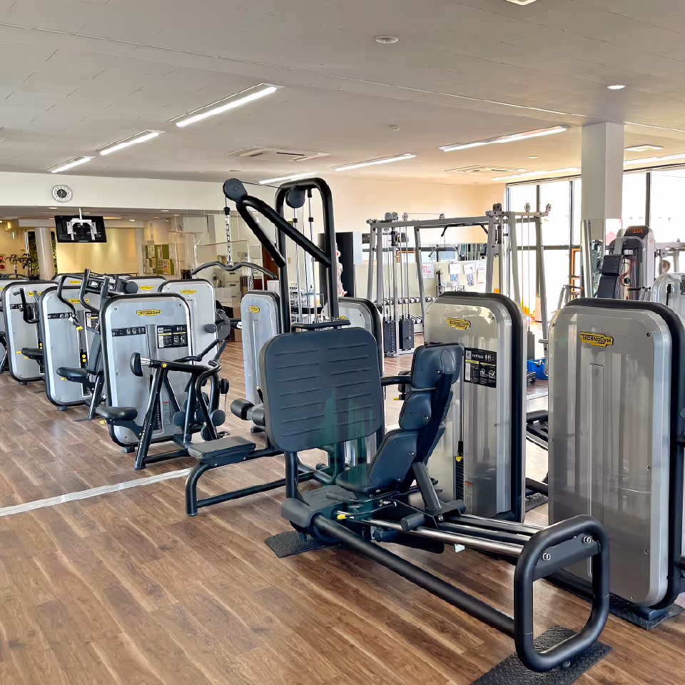 近代的なジムのウッドフロアに並んだ複数のテクノジム製筋力トレーニングマシン。